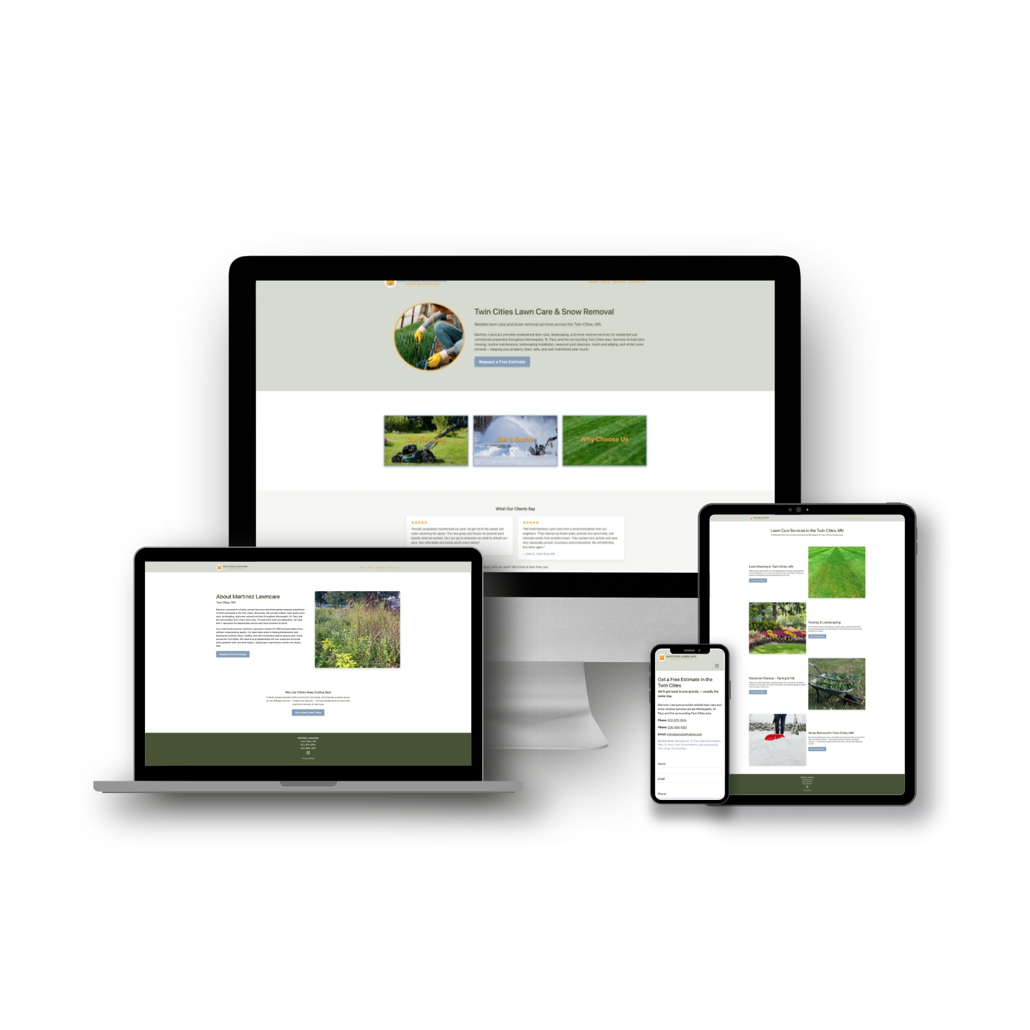 Martinez Lawncare website mockup on multiple devices — web design portfolio by Leonor Jimenez, Twin Cities web designer