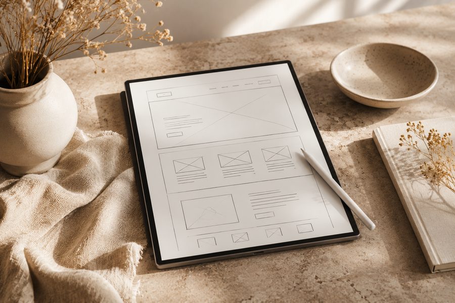 Website wireframe sketch on tablet with stylus — web design process by Leonor Jimenez, Twin Cities web designer